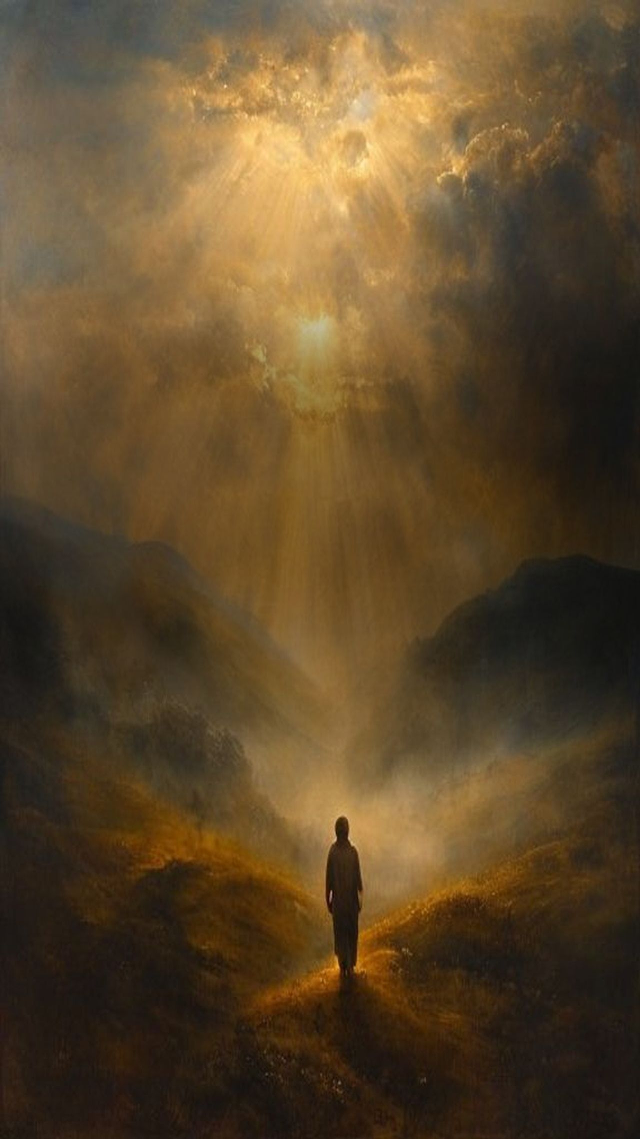 Painterly illustration of a lone figure walking a mountain path toward golden dawn light breaking through clouds