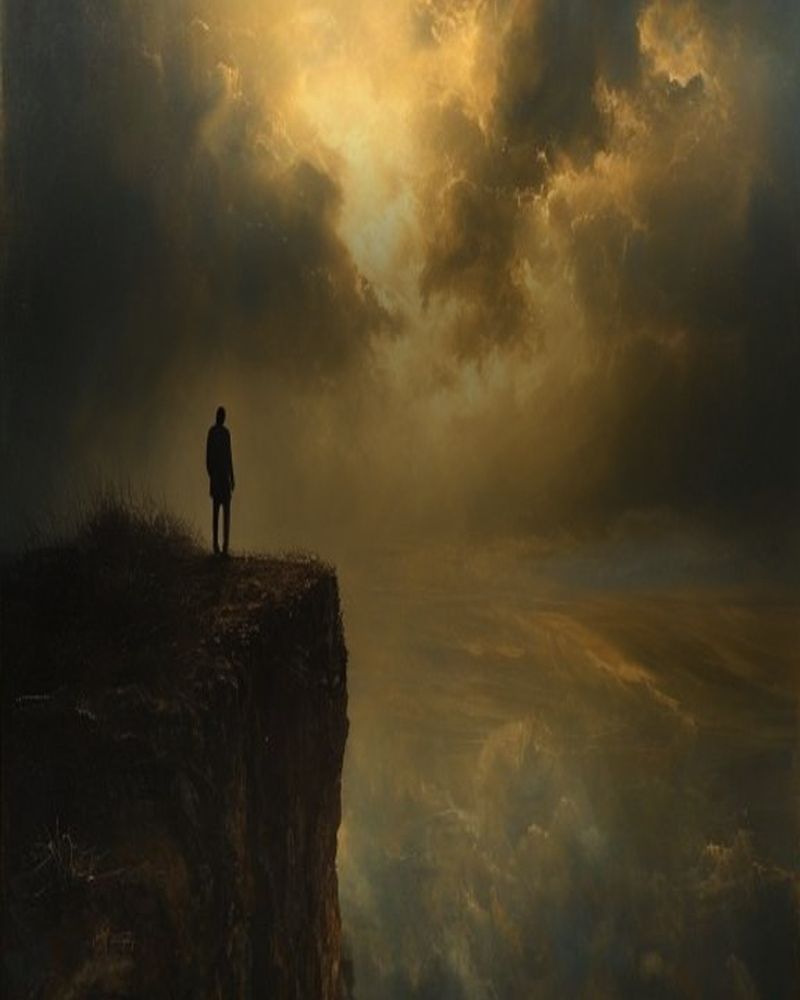 Painterly illustration of a lone figure standing on a cliff beneath golden light breaking through storm clouds