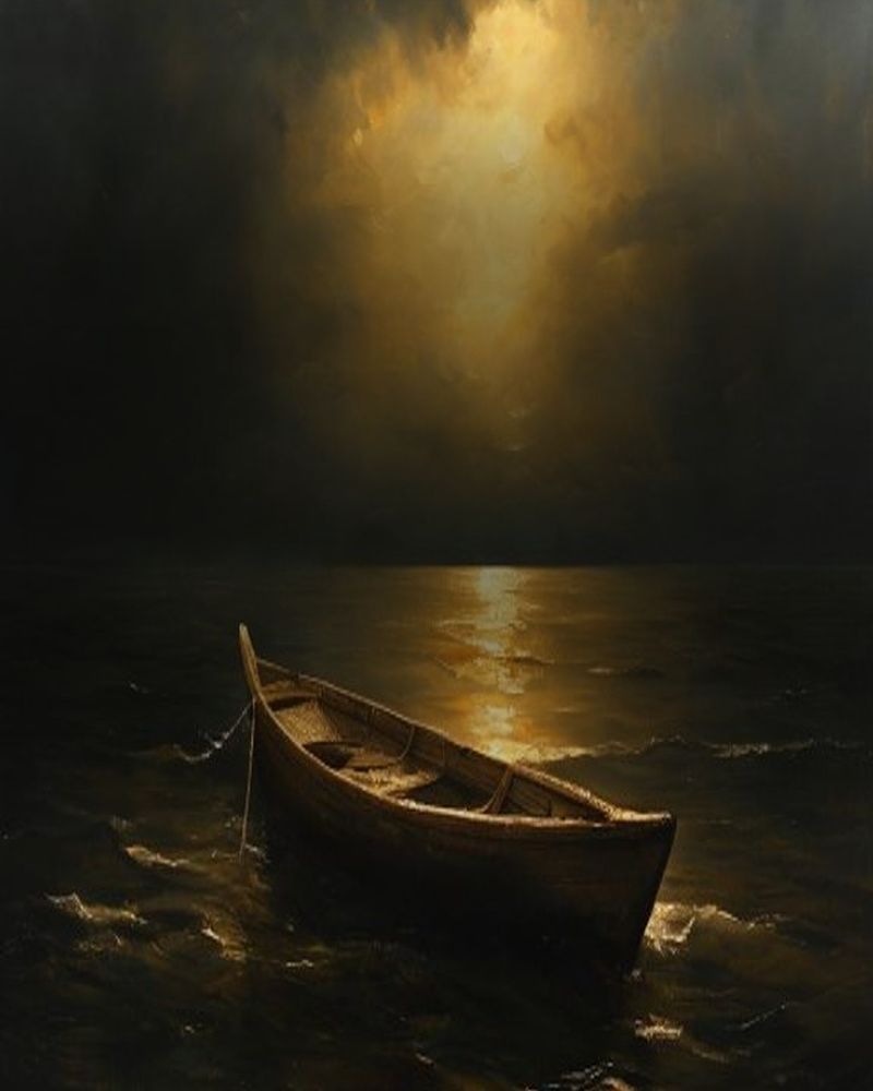 Painterly illustration of an empty wooden boat resting on dark waters beneath a warm light in the clouds