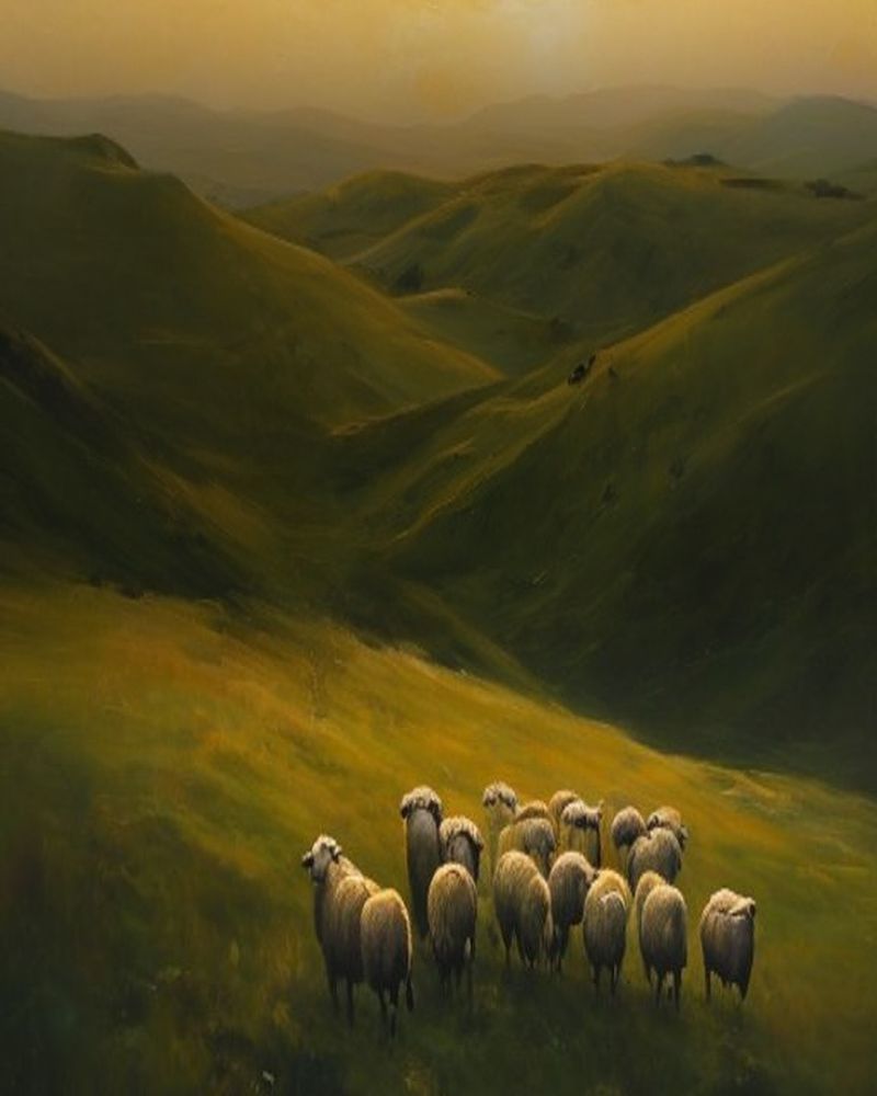 Painterly illustration of a flock of sheep gathered on sunlit green hills at dawn