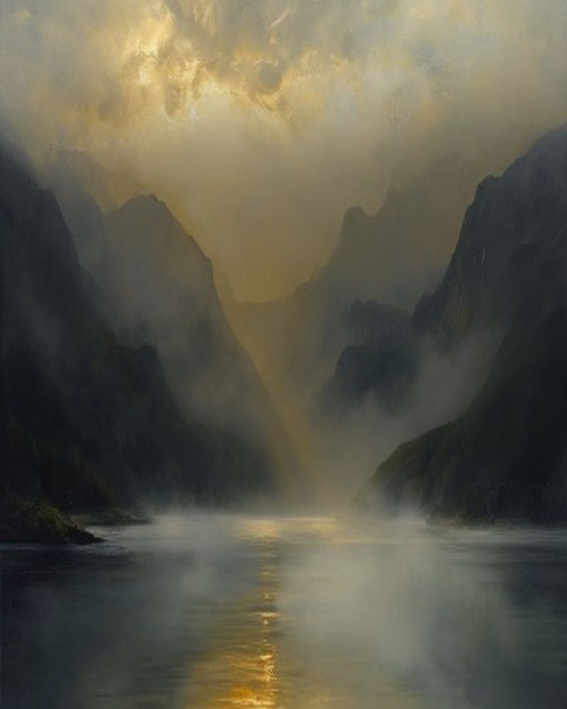 Painterly illustration of still water between misty mountains, lit by a single shaft of dawn light